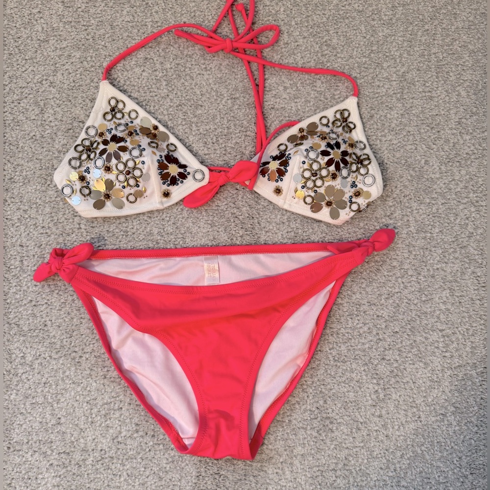Vintage Victorias Secret Gypsy Persimmon Floral Beaded Bikini